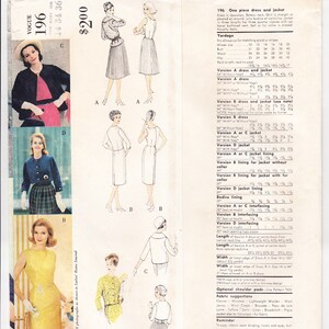Vintage 1959 Vogue Couturier Design 196 UNCUT Sewing Pattern Misses' One-Piece Dress and Jacket Size 14 Bust 34 image 2