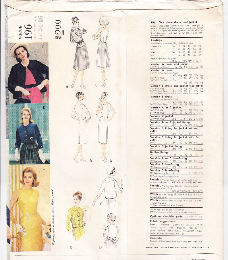 Vintage 1959 Vogue Couturier Design 196 UNCUT Sewing Pattern Misses' One-Piece Dress and Jacket Size 14 Bust 34 image 2