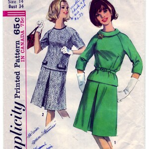 May include: Simplicity sewing pattern number 6077 for a dress. The pattern is for a miss, size 14, bust 34. The pattern includes two different dress styles, one in green and one in grey. The pattern is printed on a white background with blue text. The pattern is dated November 1966.