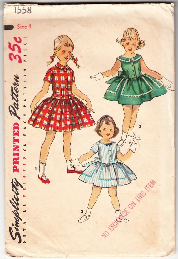 Vintage 1956 Simplicity 1558 Sewing Pattern Girl S One Etsy