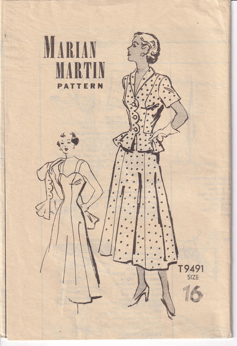 Vintage 1952 Marian Martin T9491 Sewing Pattern Misses' One Piece Dress ...