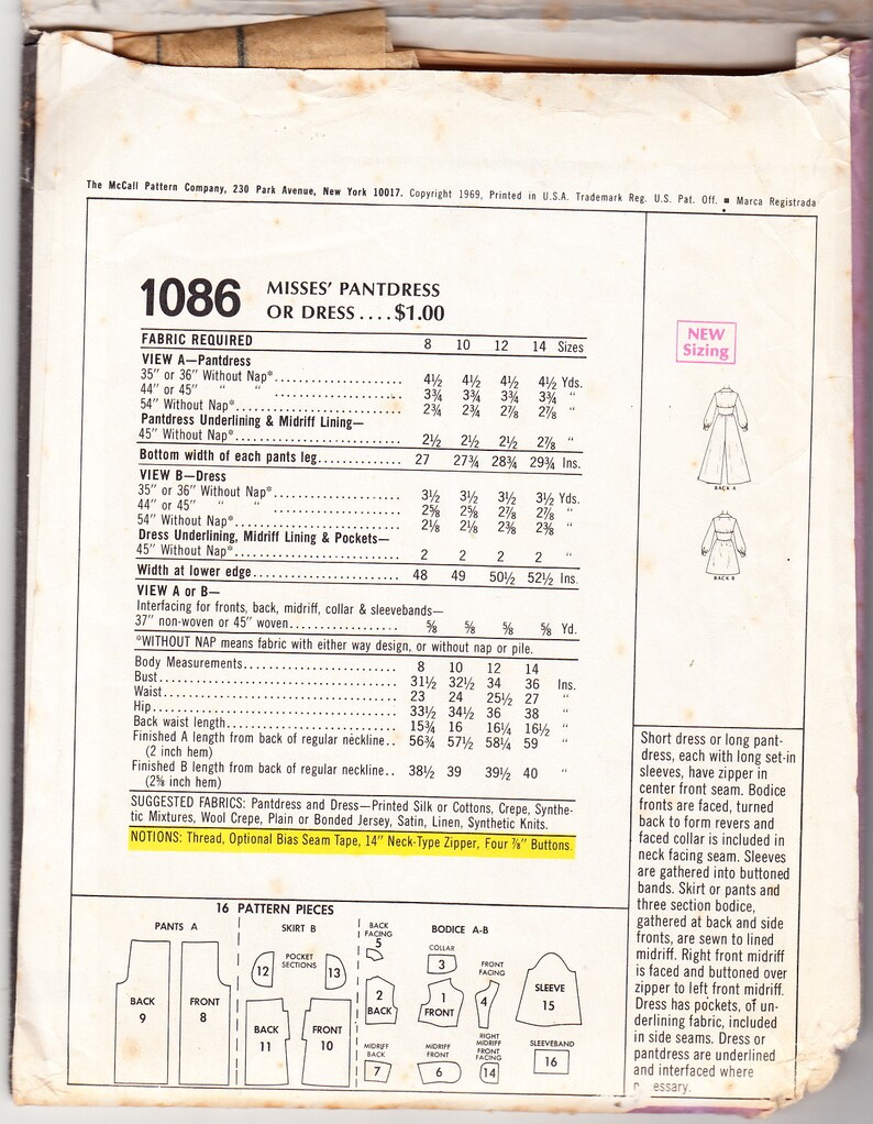 Vintage 1969 McCall/'s 1086 Sewing Pattern Misses/' PantDress or Dress Size 14 Bust 36