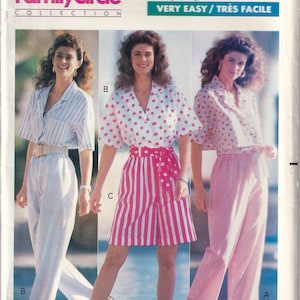 May include: A sewing pattern for three different outfits. The pattern is for sizes 18-20-22. The outfits include a white striped shirt with white pants, a pink polka dot shirt with pink and white striped shorts, and a pink striped shirt with pink and white striped pants. The pattern is labeled "Butterick 4109" and "Family Circle Collection".