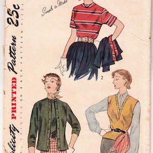 Vintage 1950 Simplicity 3300 UNCUT Sewing Pattern Misses&#39; Blouse, Jacket and Sleeveless Blouse Size 12 Bust 30