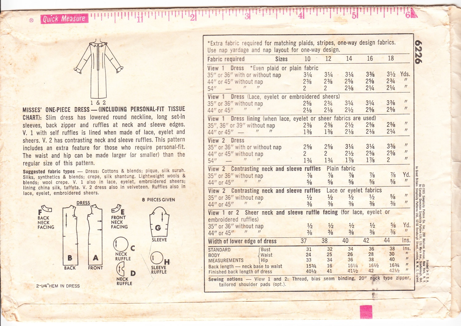 Vintage 1965 Simplicity 6226 Sewing Pattern Misses' One-piece Dress ...