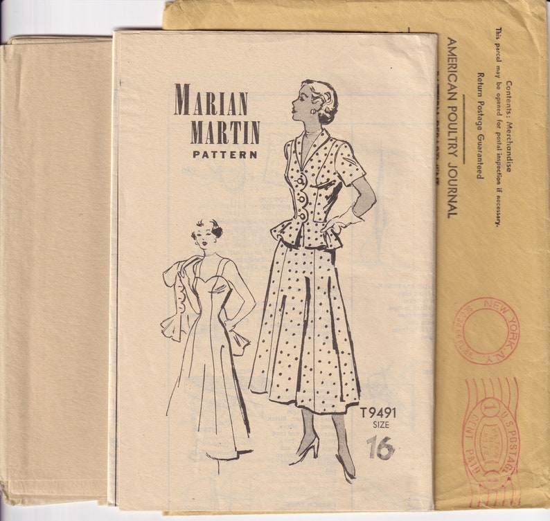 Vintage 1952 Marian Martin T9491 Sewing Pattern Misses' One Piece Dress ...