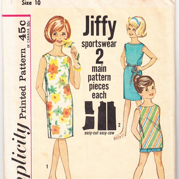 Vintage 1963 Simplicity 4965 Sewing Pattern Girls' Beach Dress, Tops and Shorts Size 10