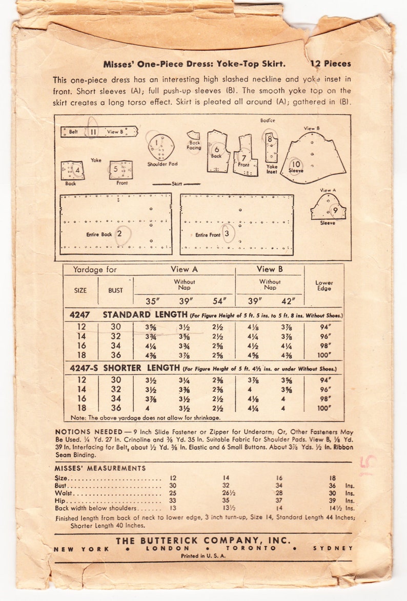 Vintage 1947 Butterick 4247 Sewing Pattern Misses' One-Piece Dress Size 12 Bust 30 image 2