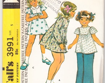 Vintage 1974 McCall's 3991 UNCUT Sewing Pattern Girls' Dress or Top Size 5