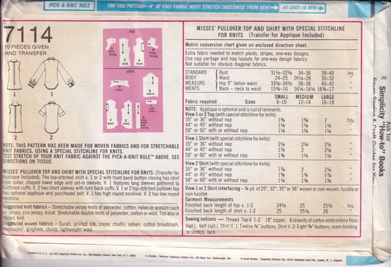 Vintage 1975 Simplicity 7114 UNCUT Sewing Pattern Misses' Pullover
