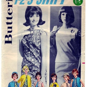 May include: A vintage sewing pattern for a dress with a 1-2-3-Shift design. The pattern is for a size 12 bust and is priced at 60 pence. The pattern features a model wearing a floral print dress and a model wearing a solid blue dress.