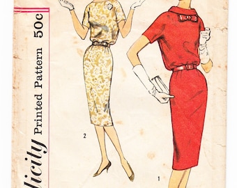 Vintage 1958 Simplicity 2681 Sewing Pattern Misses' One-Piece Dress and Belt Size 14 Bust 34