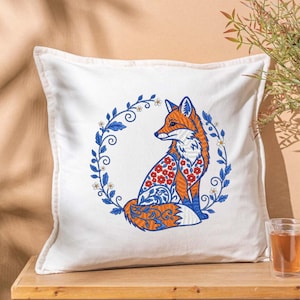 Fox Embroidery File Folk Art Animal With Flowers And Grass Stitch Design For Clothing Tote Bags Pillow Covers And Woodland Sewing Projects
