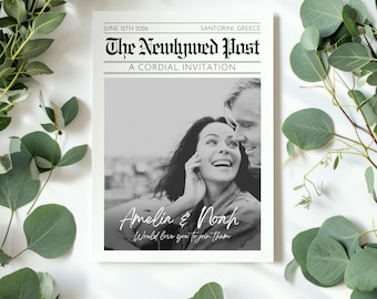 Invitación de boda editable con fecha de reserva / RSVP de periódico de boda imprimible / Plantilla Canva personalizable