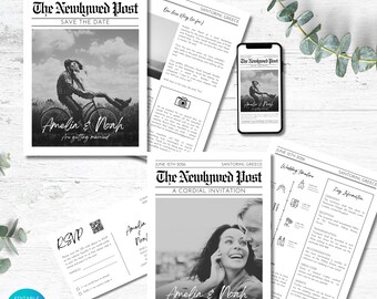 Invitación de boda con reserva de fecha / Plantilla de boda editable RSVP / Plantilla de periódico de boda imprimible