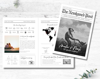 Programa de boda editable en formato de periódico / Plantilla de programa de boda en formato de periódico / Infografía de boda imprimible Programa de boda plegado Crucigrama
