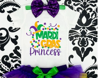 Mardi Gras Baby Girl Outfit- Mardi Gras Princess Bodysuit, Mardi Gras Tutu  in Purple - Gold- Green -Mardi Gras Baby Girl Outfit