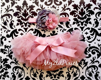 Baby Girl HEADBAND and Chiffon Tutu BLOOMER in Dusty Rose , Baby Girl headbands,Newborn tutu, Birthday tutu,  Baby Girl Gift