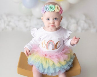 Baby girl First Birthday Outfit , Rainbow Birthday, 1st Birthday Rainbow tutu, One Bodysuit , tutu, headband - First Birthday Baby Clothing