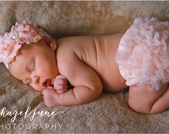 Baby Girl Shabby Rose Flowers on Lace Headband and Ruffle Bum Bloomers in Peach -Newborn Bloomers - Infant - baby girl gift