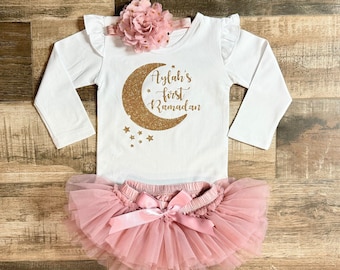 Girl First Ramadan outfit in gold and dusty rose  ,Personalized Ramadan  Outfit , Baby Girl Ramadan Clothes  , Baby Girl First Ramadan gift