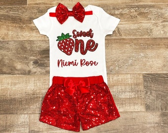 Berry First Birthday Outfit, Strawberry Birthday, Strawberry One Bodysuit , Sequins Shorts,  Baby Headband - Add Your Name