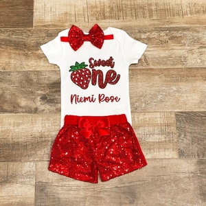Berry First Birthday Outfit, Strawberry Birthday, Strawberry One Bodysuit , Sequins Shorts,  Baby Headband - Add Your Name