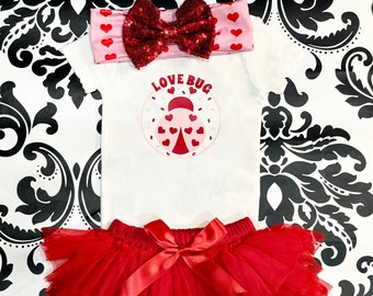 Love Bug baby Girl Outfit , Love Bug Bodysuit in pink and Red , Red tutu bloomer ,  pink and red heart baby Headband . Valentine’s Day Baby