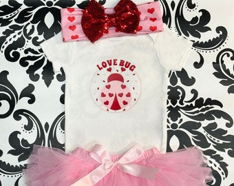 Love Bug baby Girl Outfit , Love Bug Bodysuit in pink and Red , Pink tutu bloomer ,  pink and red heart baby Headband . Valentine’s Day Baby