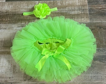 Baby Girl Headband and tutu in Neon green/ lime green ,  Baby Girl Headbands, Tutu Bloomers  ,1st Birthday Tutu, Cake Smash Tutu