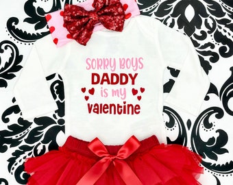Valentine’s Day Baby Girl Outfit, Sorry Boys Daddy is My Valentine Bodysuit, Pink and Red, Red Tutu Bloomer, Baby Headband