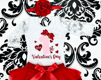My First Valentine’s Day Outfit, White Lace Bodysuit, Red tutu Bloomer, Red Flower Headband - Valentines Day Baby Girl Clothing