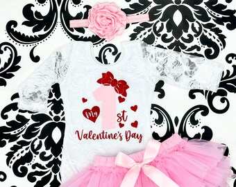 My First Valentine’s Day Outfit, White Lace Bodysuit, Pink Tutu Bloomer, Pink Flower Headband - Valentines Day Baby Girl Clothing