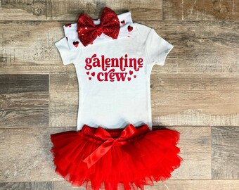 Baby Girl Valentines Day Outfit, Galentines Day Crew Bodysuit , Red Chiffon Tutu Bloomer,  Red Heart Stretchy Headband with Red Sequins Bow