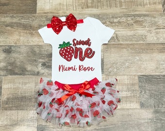 Baby girl First Birthday Outfit, Strawberry Birthday, Strawberry One Bodysuit , Strawberry Tutu Bloomer,  Red Baby Headband - Add Baby Name