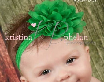 Baby Girl Headband in Green , Baby Flower Headband, Soft Headband, Newborn Headband, Infant Headband, Saint Patricks day Headband