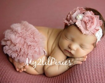 Baby Girl HEADBAND and Ruffle Bum BLOOMER in  Dusty Rose - Baby Bloomers - Newborn - Infant - Toddler - Baby Photo Set - Baby Girl Gift