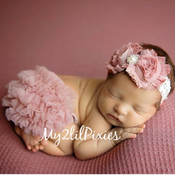 Baby Girl Headband and Ruffle Bum Bloomer- Dusty Rose Set - Baby Bloomers - Newborn - Infant - Toddler - Baby Girl Photo Set - Baby Gift