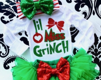Baby Girl FIRST CHRISTMAS Little Miss Grinch Outfit in Red and Gree Christmas tutu Christmas Outfit Sparkle Bow Headband -Ready to ship