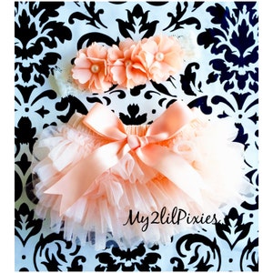 Baby Girl Bloomer and Headband Set- Peach Ruffle Bum Baby Bloomer with Satin Bow, Baby girl Flower Headband- Gift for Baby Girl