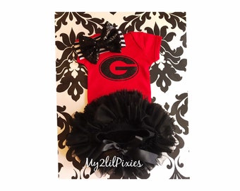 GEORGIA BULLDOGS inspired ONESIE® - Headband  - Sequins Bow - Baby girl Clothing Set -black tutu bloomer - Baby Girl Gift