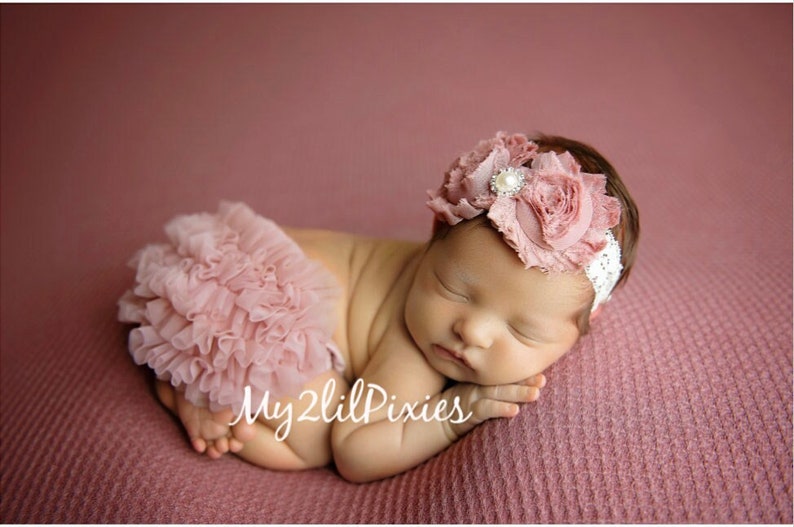 Baby Girl Headband and Ruffle Bum Bloomer Dusty Rose Set Baby Bloomers Newborn Infant Toddler Baby Girl Photo Set Baby Gift image 1