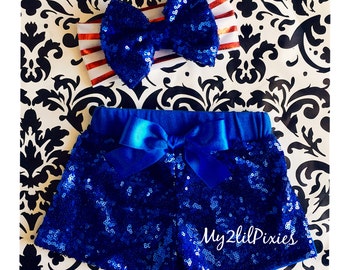 Royal Blue sequin shorts and Headband-  Forth of July Sparkle Sequin Shorts girls sequin shorts toddler shorts Baby girl Shorts