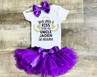 Sent with a kiss from my Uncle in Heaven Bodysuit , Headband and Tutu Bloomer in Purple and Gold , Sent from Heaven , Memorial Baby Clothes