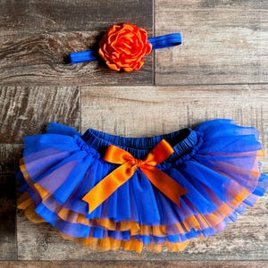 gator dresses blue and orange Girls Infant Vive La Fete Orange Florida Gators Gingham Puffy Bubble Dress