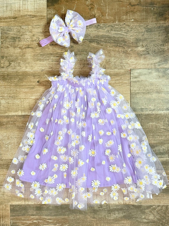 daisy purple dress Lavender Tulle Daisy Dress and Headband - Spring Tulle Dress -flower Girl  Dress- Daisy Dress -birthday Dress - Summer Dress