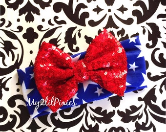 Patriotic Headband - Forth of July HEADBAND- Baby Girl Headbands- Bow Band - Red White Blue -  Red Sequins Bow - Star Headband- Wonder Woman