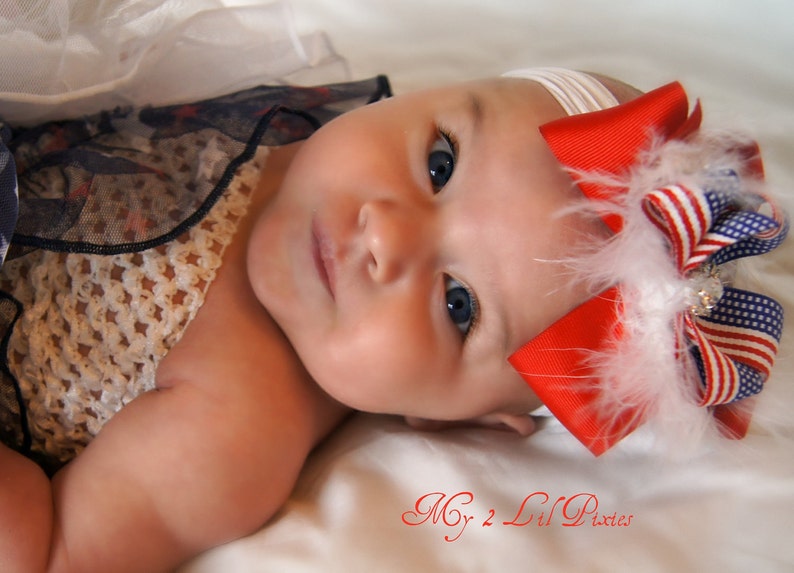 Patriotic Baby Headband 4th Of July Big Boutique Bow Headband Interchangeable Nylon Headband Red White and Blue American Flag image 1