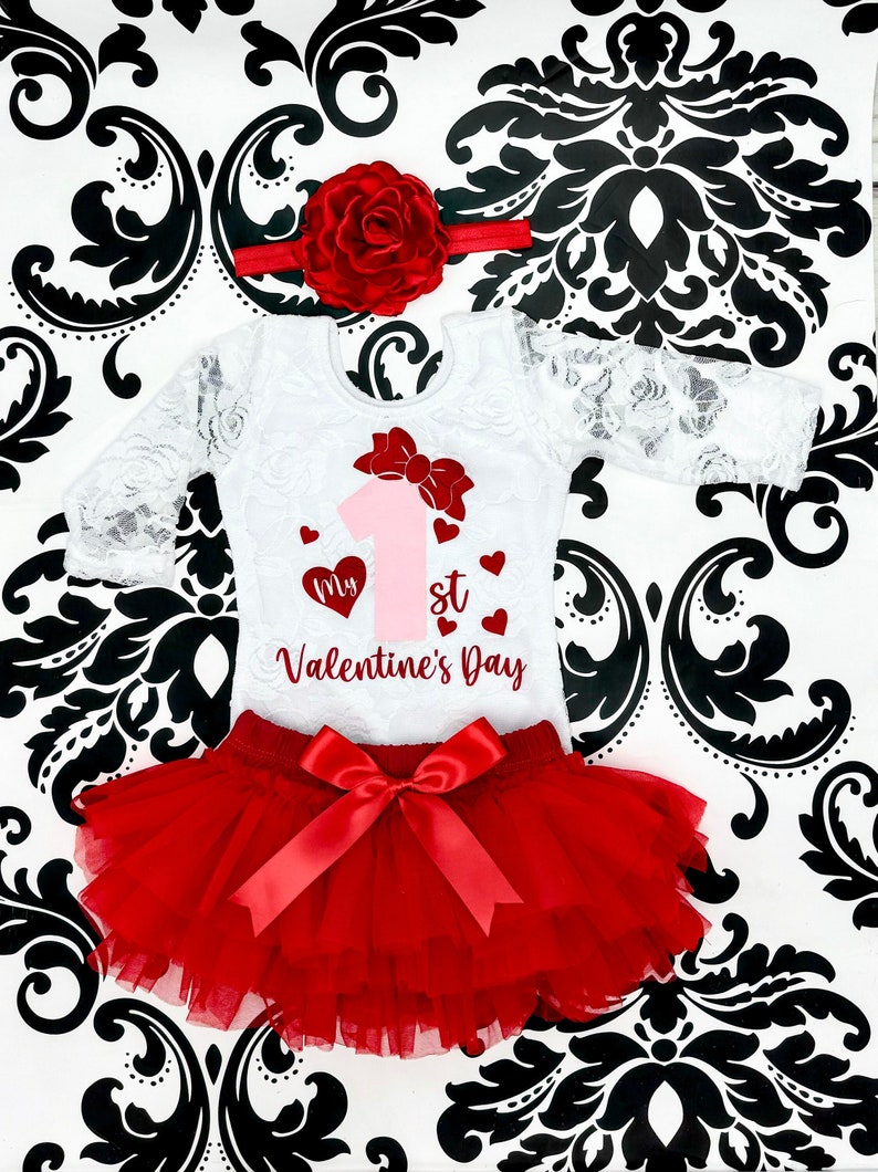 My First Valentines Day Outfit, White Lace Bodysuit, Red tutu Bloomer, Red Flower Headband Valentines Day Baby Girl Clothing image 1