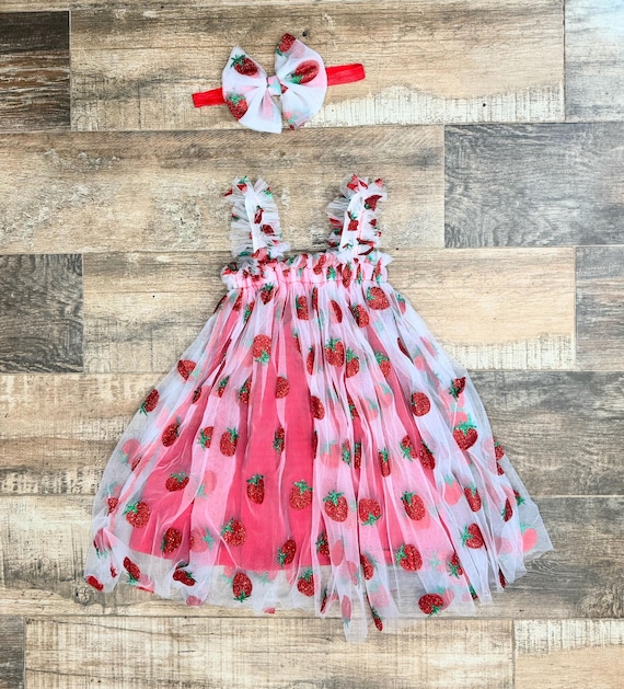 Berry First Birthday Strawberry Tulle Dress and Headband - Summer Dress - Strawberry Dress -1/2 Birthday Dress - Baby Girl Dress